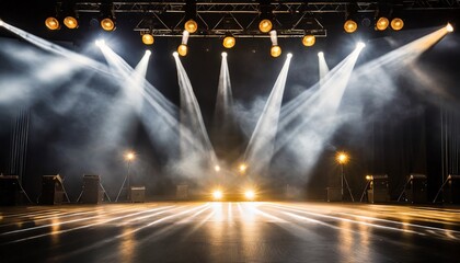 empty concert stage with illuminated spotlights and smoke stage background with copy space - obrazy, fototapety, plakaty