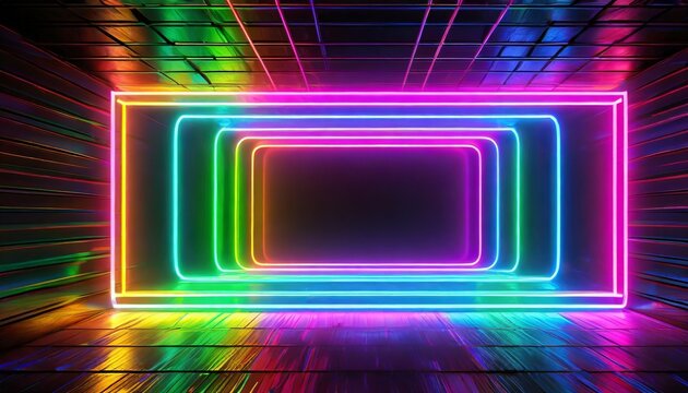 3d render vibrant rainbow colors laser show glowing spectrum rectangle blank frame neon lights abstract psychedelic background ultraviolet led screen