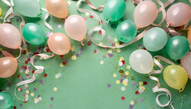 a background image that features birthday balloons confetti and ribbons on a pastel green background is taken from a top view and has enough space for additional text it would be suitable for