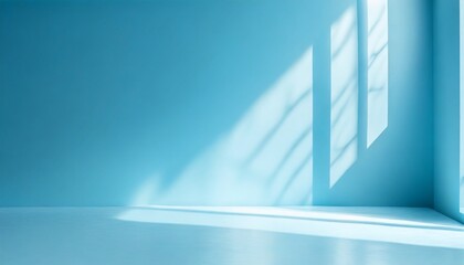 minimal abstract light blue background for product presentation incident light from window on wall and floor