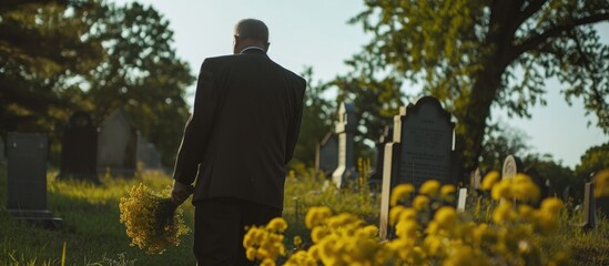A man in formal attire bringing yellow flowers to a cemetery.
