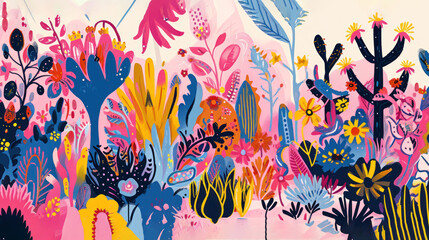 Obraz na płótnie Canvas a painting of flowers and cacti in pink, blue, yellow, orange, green, and pink colors with a white background of pink, blue, yellow, orange, pink, yellow, and blue, and green.