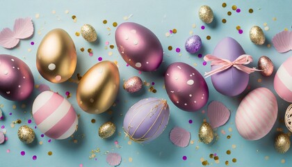 top view photo of easter decorations multicolored easter eggs gold pink and violet confetti on pastel blue background - obrazy, fototapety, plakaty