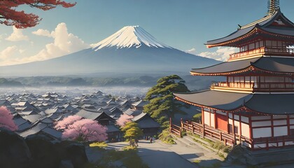 a beautiful japanese village city town in the morning buddhist temple shinto shrine anime comics artstyle cozy lofi asian architecture mount fuji in background 16 9 4k resolution 