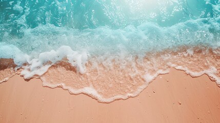 Fototapeta na wymiar Abstract sand beach from above with light blue transparent water wave and sun lights, summer vacation background concept banner with copy space, natural beauty spa outdoors