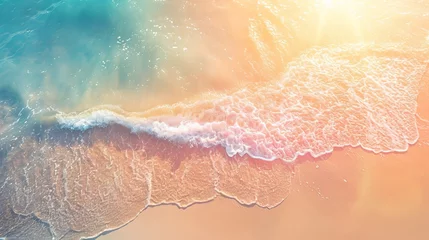 Fototapeten Abstract sand beach from above with light blue transparent water wave and sun lights, summer vacation background concept banner with copy space, natural beauty spa outdoors © Orxan