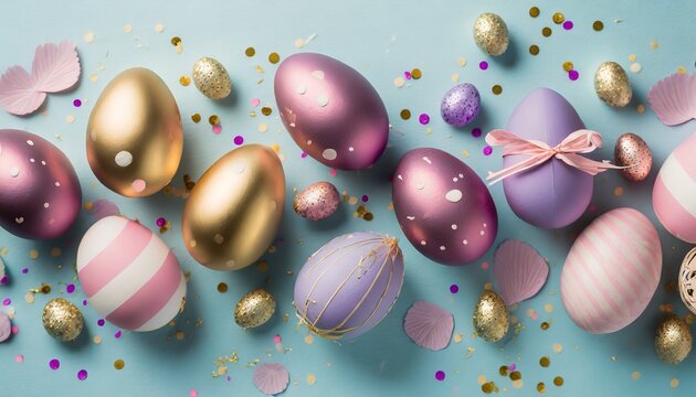 top view photo of easter decorations multicolored easter eggs gold pink and violet confetti on pastel blue background