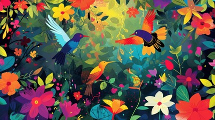  a painting of colorful flowers and birds in a field of leaves and flowers with one bird in the foreground and the other bird in the middle of the frame.