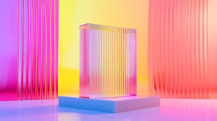 Bright colourful abstract background made by transparent and ribbed acrylic glass. Empty showcase for makeup and cosmetics product commercial. Podium for new package demonstration and advertisement