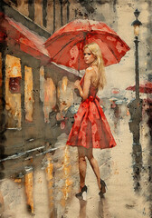 Attractive blonde with red dress, red umbrella and high-heeled shoes in rainy weather with reflections in the wet pavement. Watercolor effect.