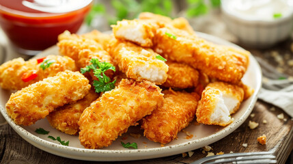 Chicken Alfrado Sticks with mayo dip served in dish , top view. Ai Generative