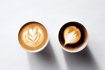 Two coffees including black and latte on white table - obrazy, fototapety, plakaty