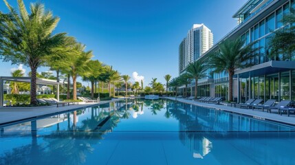 Florida, USA. Modern building with swimming pool, trees, chairs. Urban landscape with blue reflecting pool, city architecture, and scenic environment