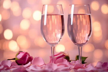 Two glasses of vine with pink rose petals on bokeh background.