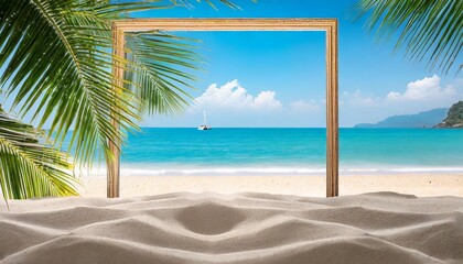 sand with palm and tropical beach and sea background with frame design for creative advertising summer vacation and travel concept copy space