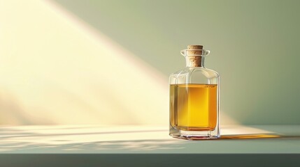  a bottle of oil sitting on top of a table next to a shadow of the light coming through the window onto a light - filled area with only one droplet.