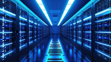 Modern web network and internet telecommunication technology, big data storage and cloud computing computer service business concept: server room interior in datacenter in blue light - obrazy, fototapety, plakaty