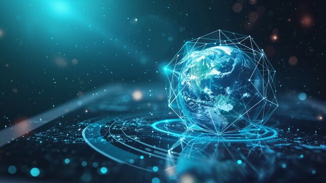 Mobile global internet communications. World wide web on phone via wireless satellite network technology. Smartphone digital connection at clouds services of all earth. Holographic abstract interface