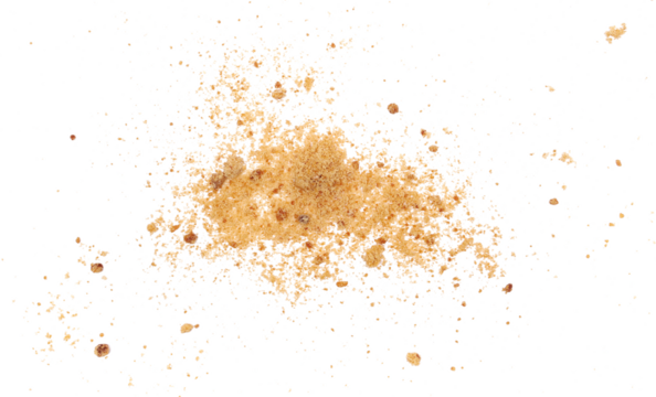 Unrefined brown cane sugar isolated on white, top view