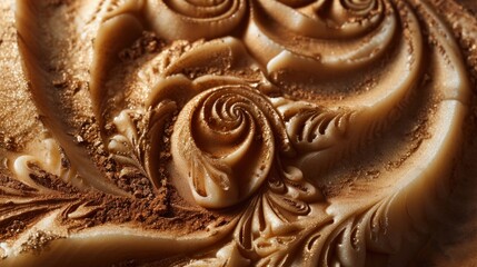  a close up of a chocolate cake with icing on it's icing and chocolate swirls on the top of the icing and bottom of the cake.