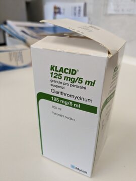 Prague,Czech republic &ndash; May 23 2023 : Pharmacy store- Klacid antibiotics  medicine in syrup form in a box standing on a table in soft focus background.Clarithromycin