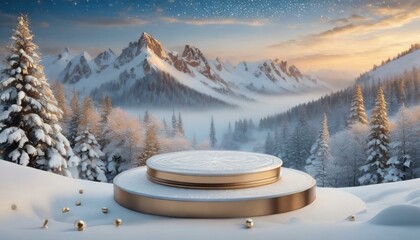 Winter fantasy background with round product podium display. Circular dais showcase in snow outdoor scene. 