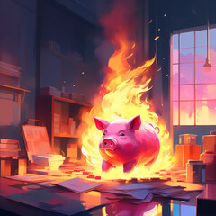Cofrinho pegando fogo dentro de um escritório. Cofrinho rosa em chamas, economia e poupança em alta.
