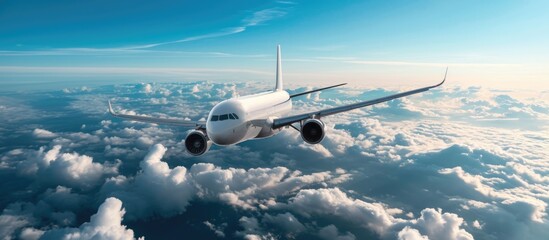 A white plane flying with a left roll in the blue sky above clouds. - obrazy, fototapety, plakaty