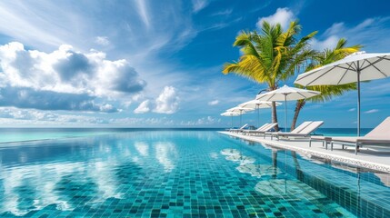 Stunning landscape, swimming pool blue sky with clouds. Tropical resort hotel in Maldives. Fantastic relax and peaceful vibes, chairs, loungers under umbrella and palm leaves. Luxury travel vacation - obrazy, fototapety, plakaty
