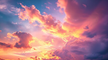 Sunset Sky Clouds in the evening with Red, Orange, Yellow and purple sunlight on Golden hour after sundown, Romantic sky in summer on Dusk Twilight - obrazy, fototapety, plakaty