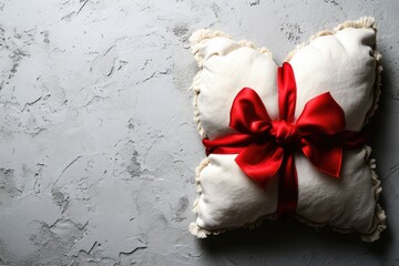White pillow with a red bow on a plain background. Promotional banner of bedding products