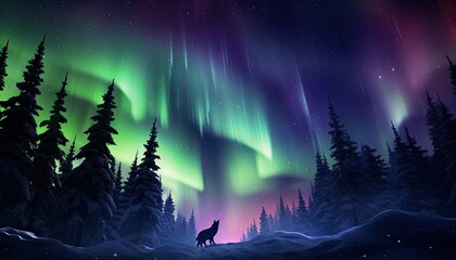 Fototapeta premium View of night sky with aurora borealis and mountain peak background. Wolf silhouette, night glows in vibrant aurora reflection on the lake with forest.