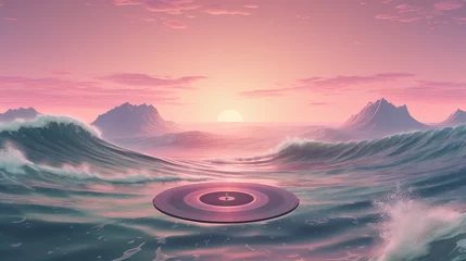  Surreal landscape illustration with a giant vinyl record player in the ocean. Fantasy landscape with vinyl record player in the ocean and waters in sound waves. © Vagner Castro