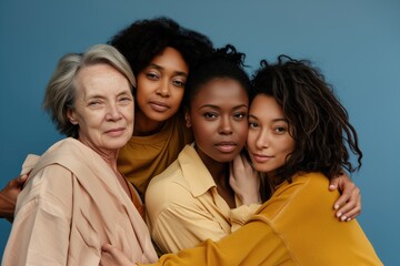 Group of diverse women of different ages and ethnities posing together, symbolizing unity and multigenerational beauty on a pink background..