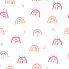 Vector seamless pattern with colorful rainbows in boho style
