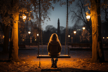 Little girl alone in the park at night