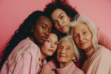 Group of diverse women of different ages and ethnities posing together, symbolizing unity and multigenerational beauty on a pink background..
