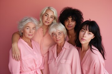 Group of diverse women of different ages and ethnities posing together, symbolizing unity and multigenerational beauty on a pink background..