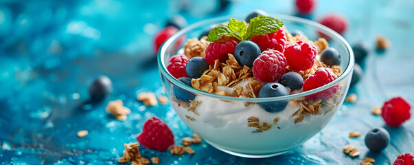 Bowl of yogurt and fruit muesli, food on a blue background full of dynamism and energy