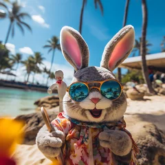Fototapeten Hase im Hawaihemd in tropischer Umgebung mit Sonnenbrille bei gleißenden Sonnenschein © Stefan Freytag