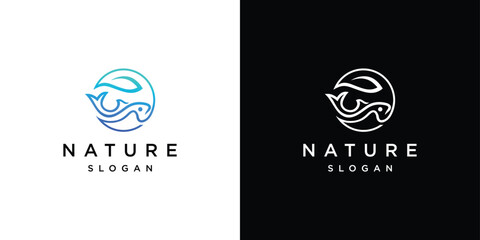 Fish logo design template on circle with leaves.
The fish logo is made with lines