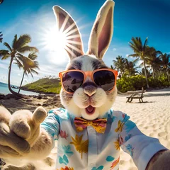 Fototapeten Hase im Hawaihemd in tropischer Umgebung mit Sonnenbrille bei gleißenden Sonnenschein © Stefan Freytag