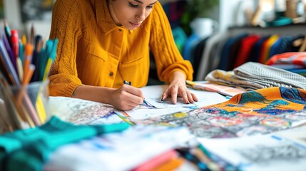 Creative fashion designer drawing sketches surrounded by various fabrics and design tools in a studio.. - obrazy, fototapety, plakaty