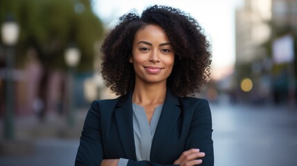 Confident Businesswoman Smiling and Crossing Arms Outdoors in the City AI Generated