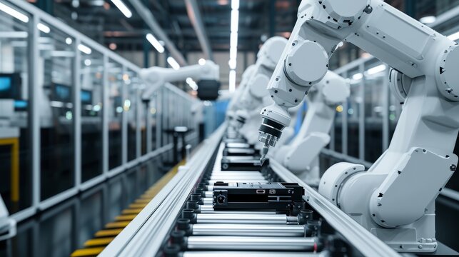 White Robot Arms on Automated EV Battery Components Production Line. Electric Car Battery Pack Manufacturing Process. Conveyor Belt on a Modern Factory