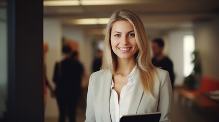 Smiling Woman in Office Using Tablet for Leadership at Startup Agency AI Generated