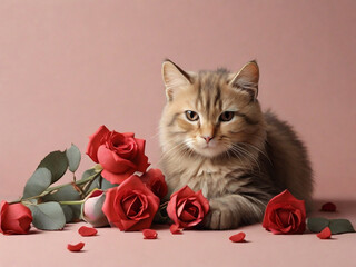 kitten with red rose