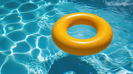 Yellow pool float, ring floating in a refreshing blue swimming pool