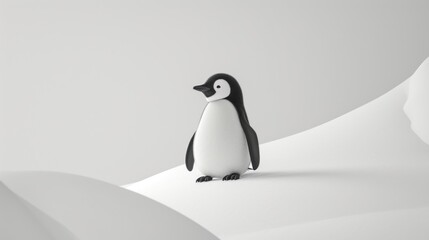  a black and white penguin standing on top of a snow covered hill in the middle of a snow covered hill with a black and white penguin on it's head.