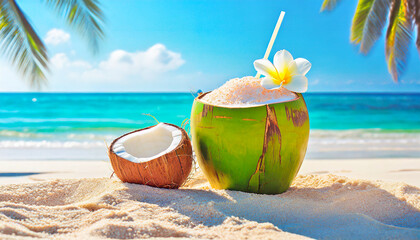 coconut cocktail on the beach - obrazy, fototapety, plakaty